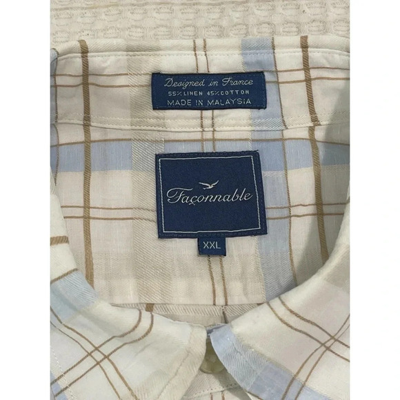 Faconnable Shirt Men’s XXL White Multi Linen Cotton Plaid Long Sleeve Vtg - Picture 11 of 15